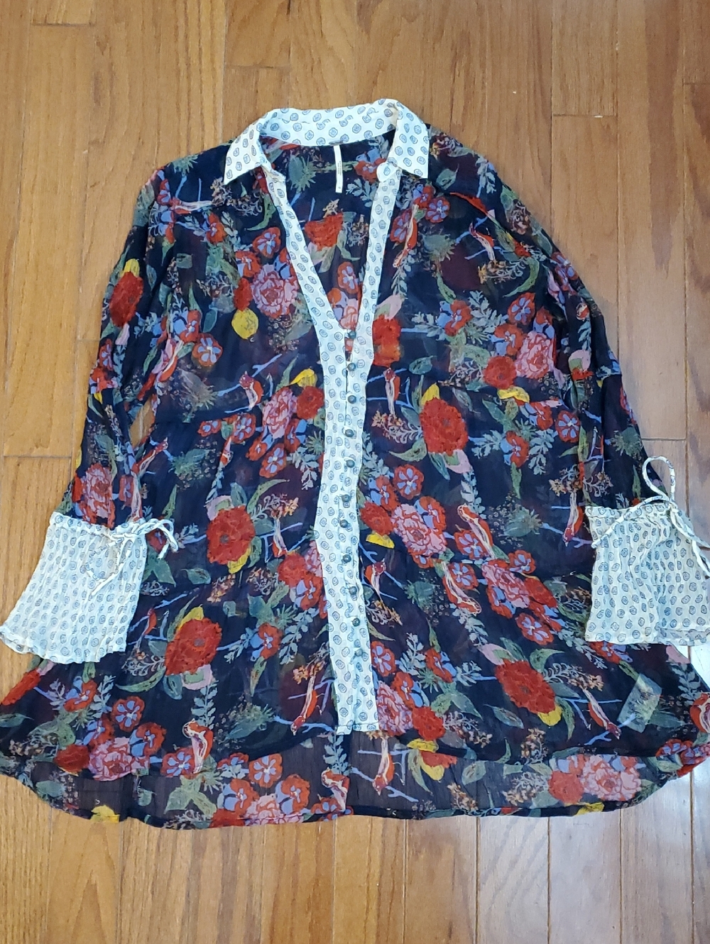Free People Thunder Canyon Sheer Floral Button-down Tiered Tunic boho XS Flaw